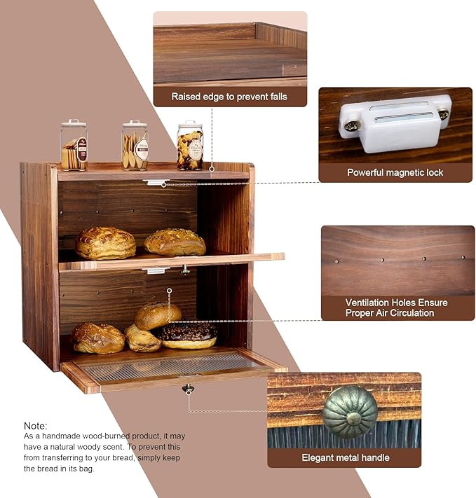 Bread Box for Kitchen Countertop Wooden Bread Storage Container Bin 2 Layer Corner Breadbox Large Capacity, Vintage Farmhouse Food Organizer Pantry Shelf with Window Brown Pine Wood