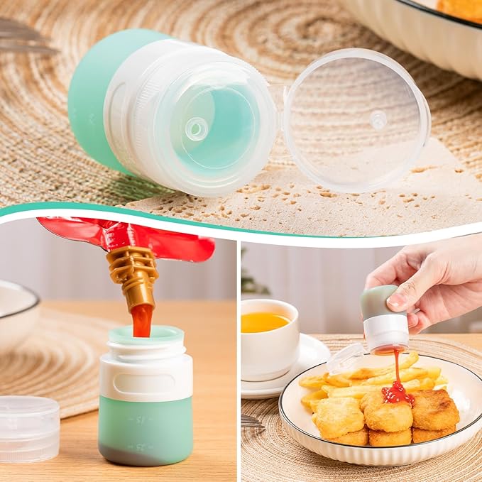 8-Pack Salad Dressing Container To Go, 1-oz Silicone Small Condiment Squeeze Bottles and 1.6 oz Stainless Steel Sauce Containers Cups, Leakproof Condiment Containers with Lids for Lunch Box