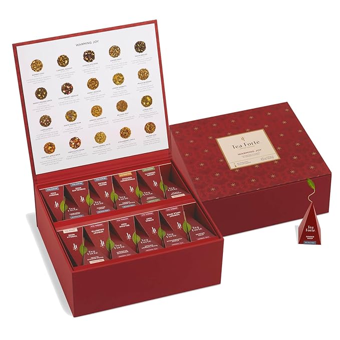 Tea Forte Warming Joy Holiday Assorted Premium Tea Chest Gift Sampler, 40 Count, 2 of each Variety Blend Individually Wrapped Handcrafted Pyramid Infuser Bags