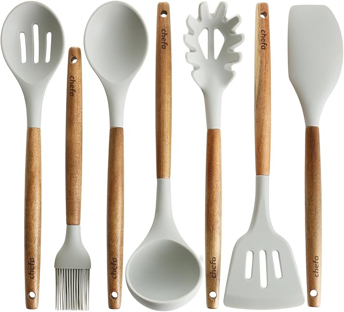 Silicone Cooking Utensils | Wooden Handle, Non-Stick Cookware Heat Resistant Kitchen Utensil Spatula, Slotted & Solid Spoon, Soup Ladle, Slotted Turner and Spaghetti Server,| Acacia Wood - Light Grey