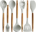 Silicone Cooking Utensils | Wooden Handle, Non-Stick Cookware Heat Resistant Kitchen Utensil Spatula, Slotted & Solid Spoon, Soup Ladle, Slotted Turner and Spaghetti Server,| Acacia Wood - Light Grey