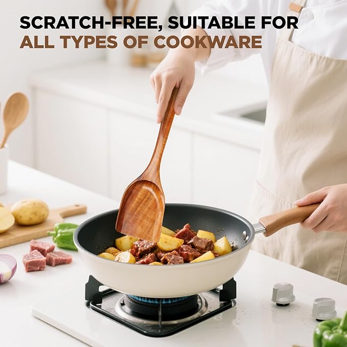 Premium 6pcs Wooden Spoons Set for Cooking - Durable Teak Wood Kitchen Utensils Set with Smooth Surface, Heat-resistant & Scratch-proof Spatula, Best Gift for Cooking Lovers