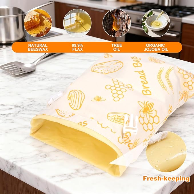 Bees Wax Bread Bags for Homemade Sourdough - 2 Pack XL Reusable 100% Organic Cotton Linen Bread Bags Keep Bread Fresh for Weeks, Homesteading Essentials Sourdough Bags