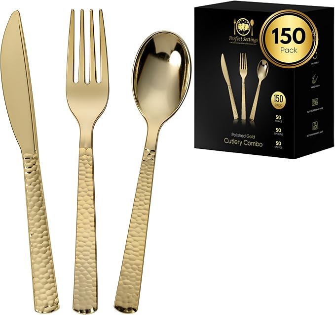 Perfect Settings 150 PCS Gold Plastic Silverware Set Heavy Duty Premium - Gold Plastic Cutlery Set Hammered Pebbled Finish - 50 Forks, 50 Knives, 50 Spoons Utensil Set
