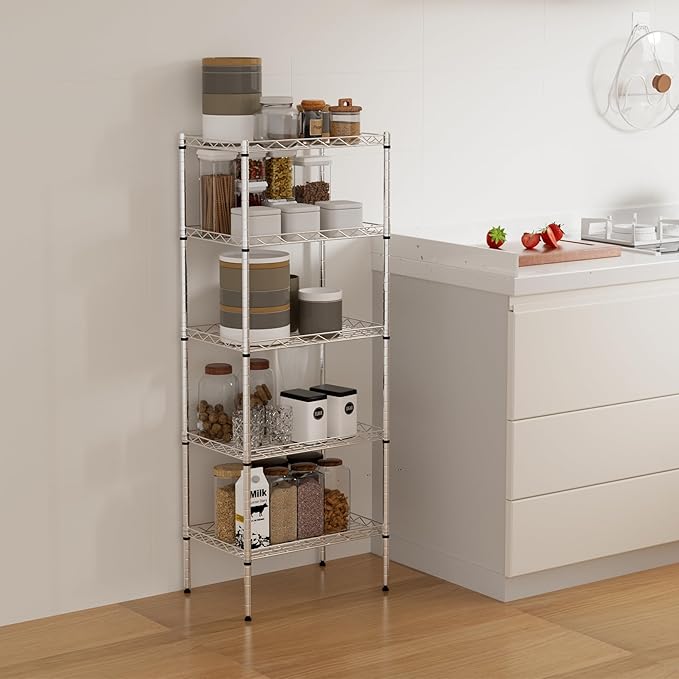 5-Shelf Storage Shelves Metal Shelving Unit NSF Garage Storage Rack Adjustable Wire Shelves Organizer for Kitchen Closet Basement, 750 Lbs Capacity, 16.7" L × 11.8" W × 47.6" H, Sliver