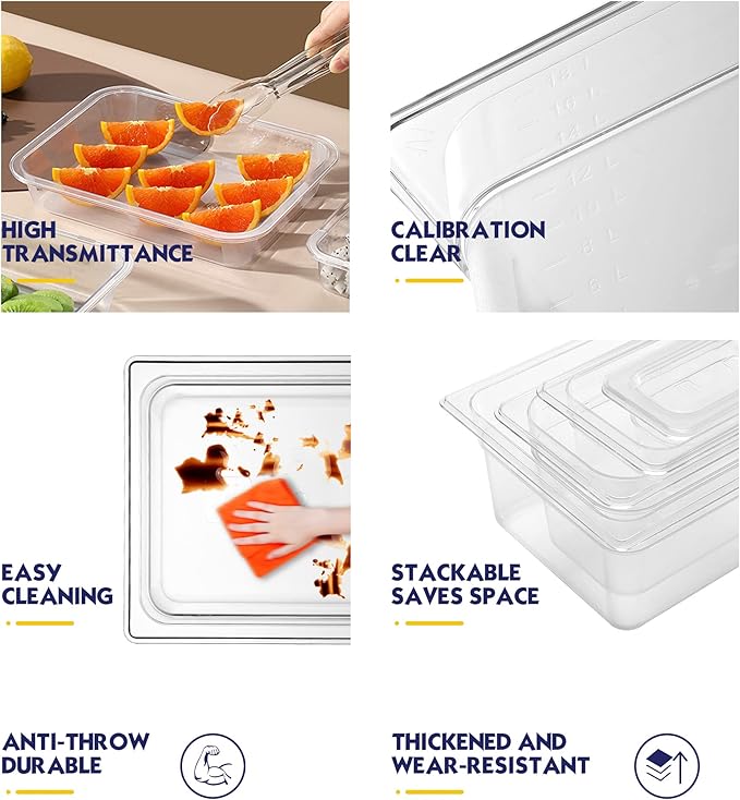 6 Pack NSF Food Pans with Lids, 1/6 Size 4'' Deep Commercial Food Storage Containers, Polycarbonate, Clear