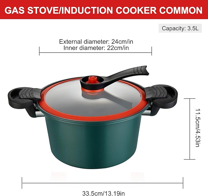 Micro Pressure Cooker, 22cm 3.5L Small Pot with Lock Handles & Lid, Mini Pressure Cooking Pot, Non-stick Stockpot for Gas, Induction, Electric Stoves (Green)