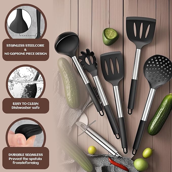 Kitchen Utensils Set Silicone Cooking, 40 Pcs Black Stainless Steel Metal, Spaghetti Spoon Cookware Utensils, Rubber Tools Nonstick Kitchenware Can Withstand Temperatures Up To 446°F, Dishwasher Safe
