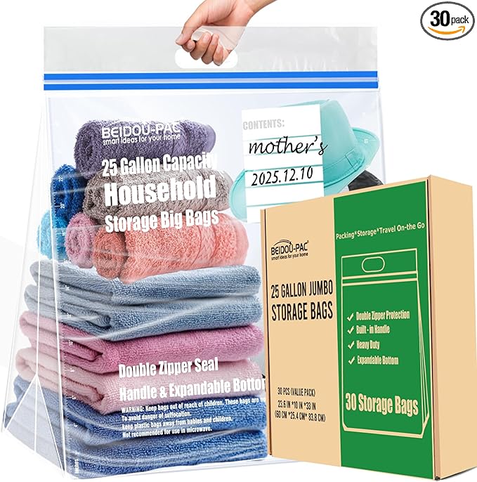 25 Gallon Jumbo Storage Bags with Handle, 30 Counts | Double Zipper Seal | Expandable Bottom, Resealable Clear zip Bags for Home Travel, Moving, Commercial and Outdoor