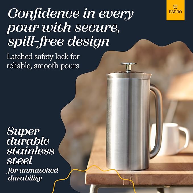 ESPRO P7 Brushed Stainless Steel French Press 304 – Patented Double Walled Micro-Filter Insulated French Press Coffee Maker, Grit-Free Brew - Heat Resistant BPA Free (18oz)