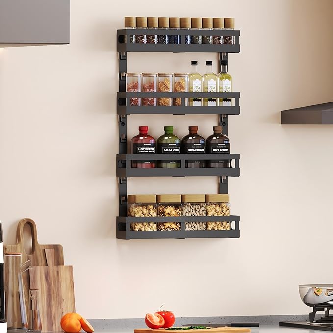 X-cosrack 4-Tier Small Wall Mounted Spice Rack Organizer, Hanging Spice Shelf for Cabinet or Pantry, Height-Adjustable Seasoning Holder for Kitchen Storage, Black