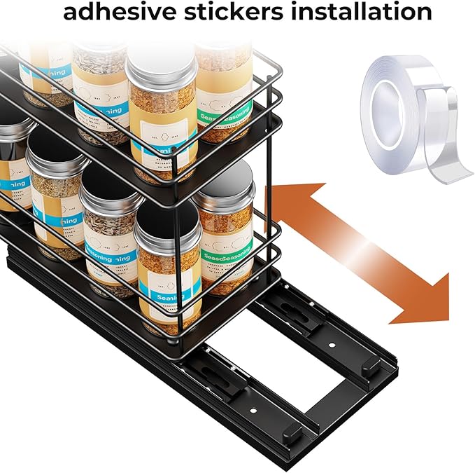 Pull Out Spice Rack Organizer for Cabinet, Slide Out Spice Racks, Easy to Install, 4.0''Wx10.35''Dx8.26''H, 1 Drawer 2 Tiers(Black)