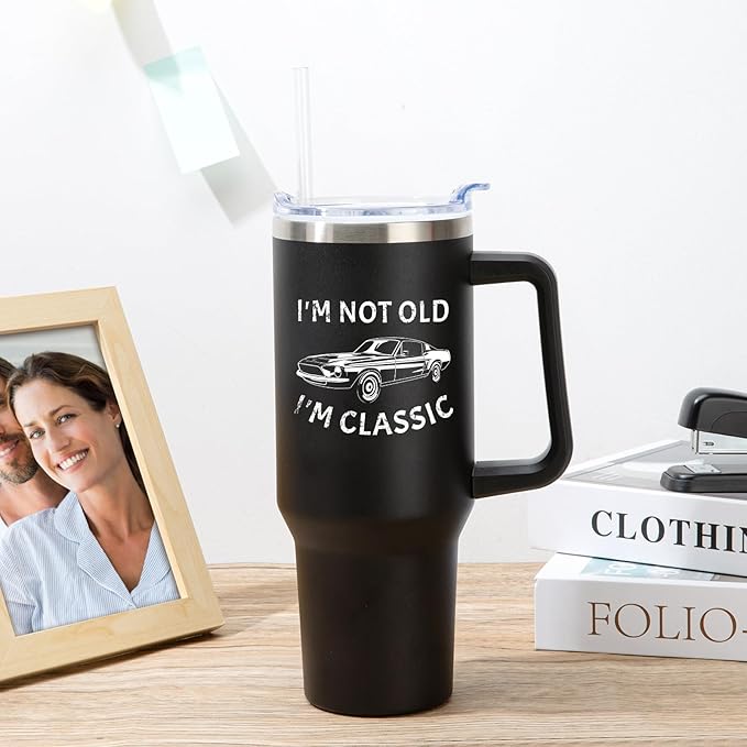 NOWWISH 40oz Tumbler with Handle and Straw for Men, I am Not Old Funny Christmas Gifts for Dad Husband Grandpa, Large Insulated Mug, Stocking Stuffer Idea - Black