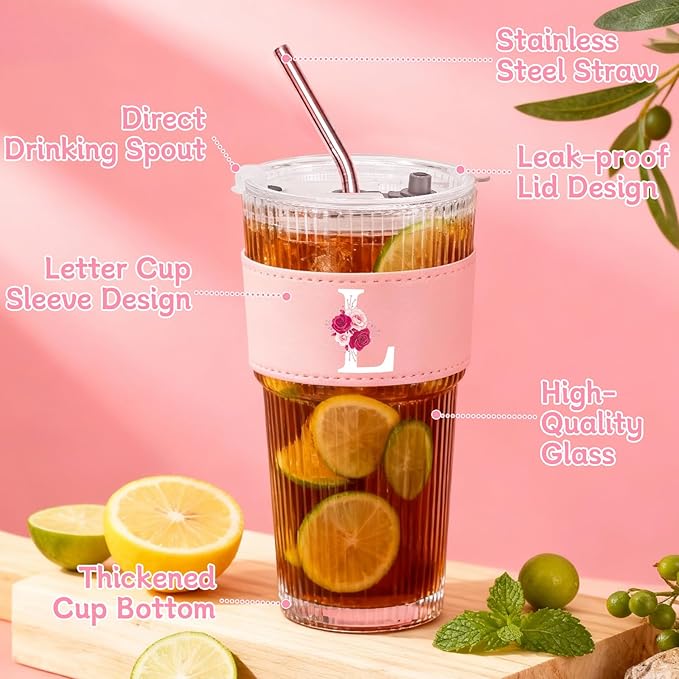 Personalized Gifts for Women,20oz Ribbed Glass Tumbler,Monogrammed Gifts for Women,Birthday Gift,Ice Coffee Mug,Christmas Gift for Mom Sister-L
