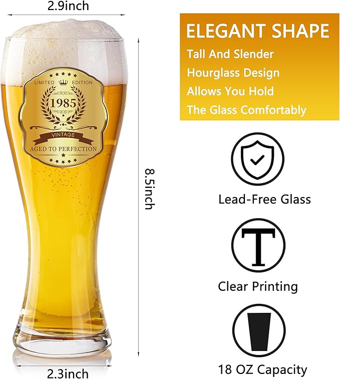 40th Birthday Beer Glasses Gifts, Personalized '1985' Vintage Glass Ware Set for Men, Black Gift Package with Drinking Glass, Coaster, and Card for 40 Years Old Man