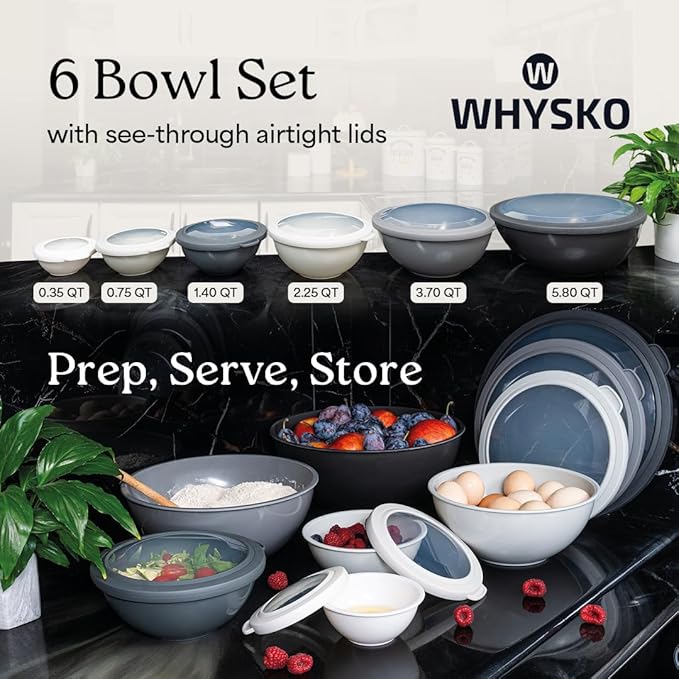 WHYSKO Mixing Bowl Set, 12 Piece Colorful Plastic Mixing Bowls with Lids Set for Food Prep Storage and Serving, Microwave and Dishwasher Safe for Kitchen Baking Cooking