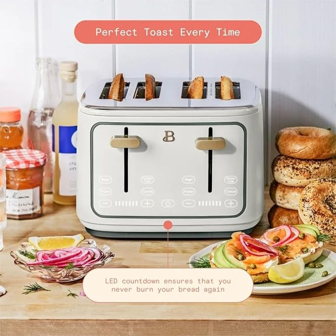 Beautiful 4 Slices Toaster - 7 Shade Settings, Touch Display, Extra-Wide Slots for Bagels, Gluten-Free & Frozen Presets, LED Countdown, Removable Crumb Tray, 1800-watt toasting (White Icing)