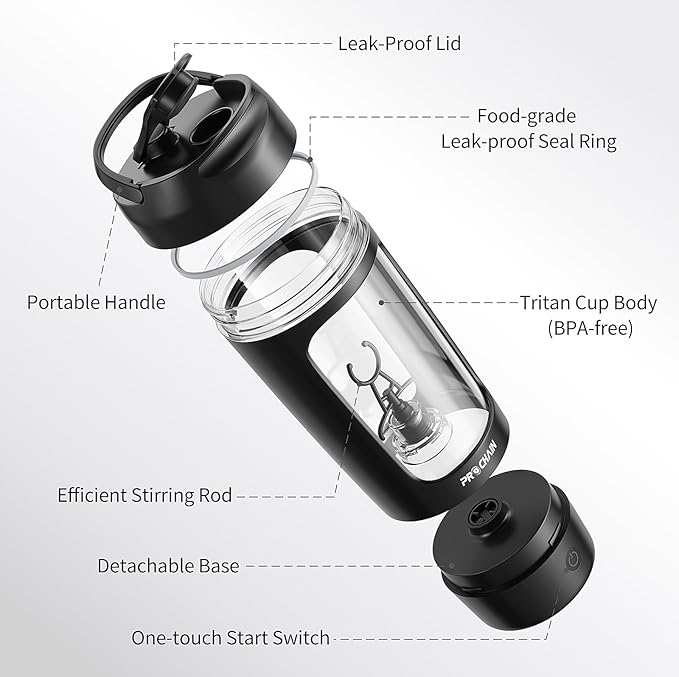 PROCHAIN Electric Protein Shaker Bottle, USB Rechargeable Protein Shakes Mixer, with Powder Storge Cup, Portable Water Drink Bottles for Gym Sport Workout, BPA-Free Tritan, 22oz