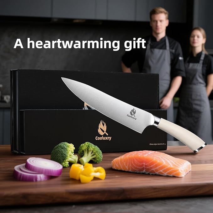 Professional White Chef Knife - 8 Inch High Carbon Stainless Steel Kitchen Knife with Ergonomic White Handle for Precise Cutting