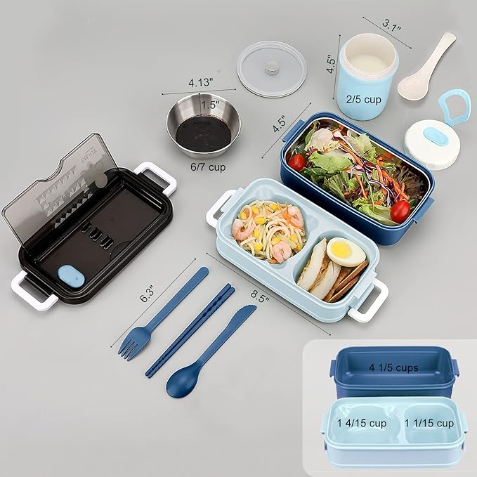 Adult Bento Lunch Box Kit, Bento Boxes Portable Lunch Box, Adult Bento Box with Lunch Bag, Bento Lunch Containers for Women, 1200ml Large Capacity Lunchbox BPA-Free(Blue Metal)