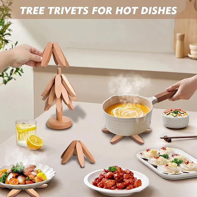 Wooden Trivets for Hot Dishes, Tree Shape Trivet Set, Tree Coasters Mats, Foldable Heat Resistant Pads, 4 Wooden Trivets+1 Stand, Pot, Bowl, Teapot, Countertop (Beech)