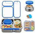 Stainless Steel Bento Box Kids Adult with 7oz Soup Thermo, Transparent Lid 3 Compartments Metal Bento Lunch Box with Insulated Food Jar,Lunch Box Container Sauce Cup for School,BPA-Free(Blue)