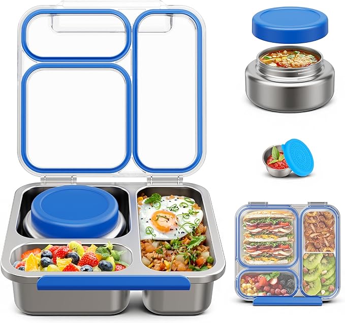 Stainless Steel Bento Box Kids Adult with 7oz Soup Thermo, Transparent Lid 3 Compartments Metal Bento Lunch Box with Insulated Food Jar,Lunch Box Container Sauce Cup for School,BPA-Free(Blue)