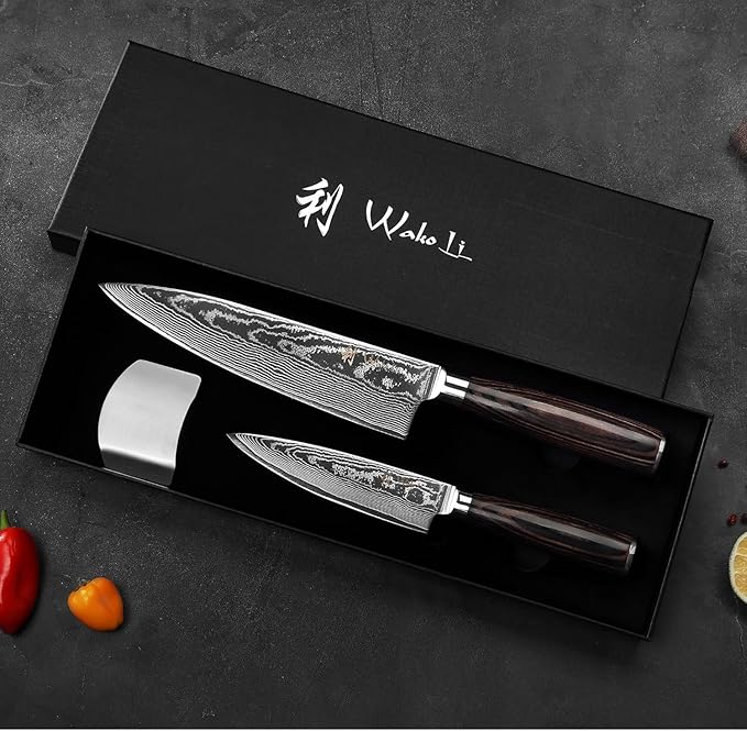 Wakoli EDIB Essentials 2-Piece Damascus Chef Knife Set – Professional Kitchen Knives with 67-Layer VG10 Core Steel, Ergonomic Pakkawood Handles – Premium Cooking Knives in Gift Box