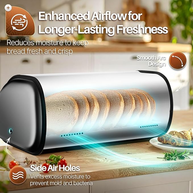 Flexzion Stainless Steel Bread Box For Kitchen Countertop (17 inch) - Kitchen Countertop Metal Bread Storage with Roll Up Lid & Front Window for Restaurant & Homemade Cakes, Buns, Pastries, Pancakes