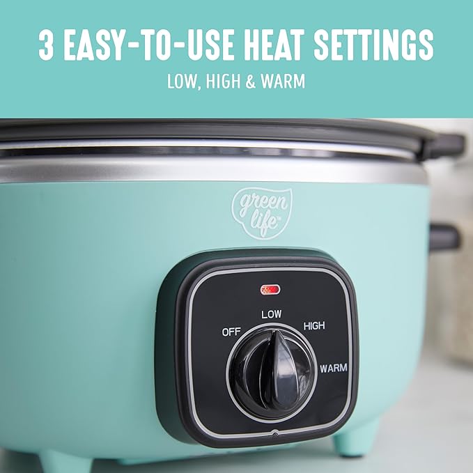 GreenLife 3.5QT Slow Cooker, PFAS-Free Non-Toxic Ceramic Nonstick Removable Interior Bowl, Programmable, Keep Warm, Stovetop & Oven Safe, Dishwasher Safe Crock, Glass Lid, Turquoise