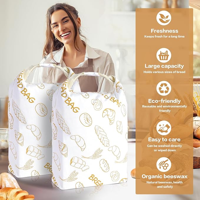 2 Pack Beeswax Bread Bag Reusable Bag for Sourdough, Extra Large Bread Bags for Homemade Bread, Cotton Bread Storage Bag for Keep Fresh