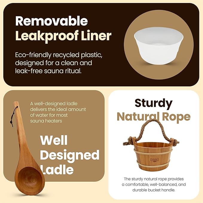 Sauna Bucket and Ladle Set – Handcrafted from Canadian Red Cedar Wood – 1 Gallon (4Liters) Water Capacity – Leakproof Liner – Natural Rope Handle - Luxury Sauna Accessories Set