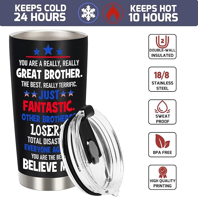 Gifts for Brother Gift from Sister - Best Big Brother Ever Christmas Birthday Gifts, Funny Gifts for Older Litter Brothers, 20 OZ Stainless Steel Insulated Travel Coffee Tumbler Cup