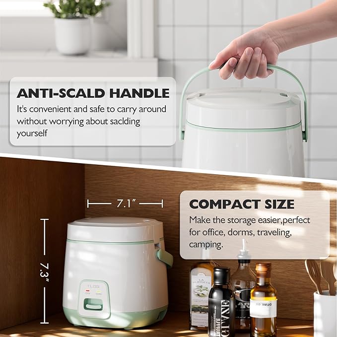 TLOG Mini Rice Cooker 2-Cup Uncooked(4-Cup cooked), Healthy Non-stick Coating 1.2L Small Rice Maker for 1-3 People, Portable Travel Fast Cooker with Steam Tray, Rice Maker for Grains, White Rice, Oatmeal, Veggies