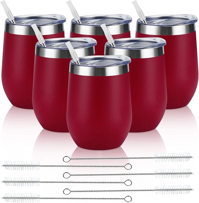 6 Pack Stainless Steel Wine Tumblers, 12Oz Insulated Wine Tumbler, Double Wall Insulated Wine Glass, Stainless Steel Stemless Wine Cups with Lids for Coffee, Wine, Cocktails, Champaign, Wine Red