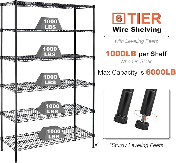 6-Shelf Storage Shelves Wire Shelving Unit with Wheels, 6000lbs Heavy Duty Metal Garage Shelving Storage Rack Adjustable NSF Shelf for Commercial Rolling Utility，(48"x18"x76", Black)