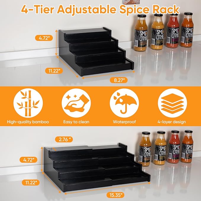 Spice Rack Kitchen Cabinet Organizer: 4 Tier Bamboo Expandable Spice Storage Display,Spice Shelves Adjustable Seasoning Organizer (Black)
