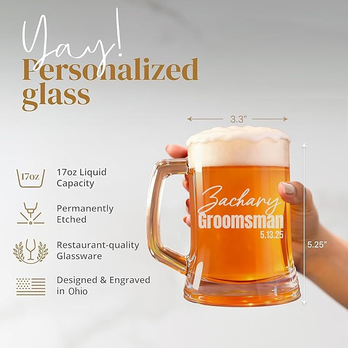 Personalized Groomsmen Gift, 17oz Beer Glass with Handle, Custom Beer Mug Best Man with Etched Name, Engraved Gifts for Wedding Favors, Best Man Proposal Gifts, Bachelor Party