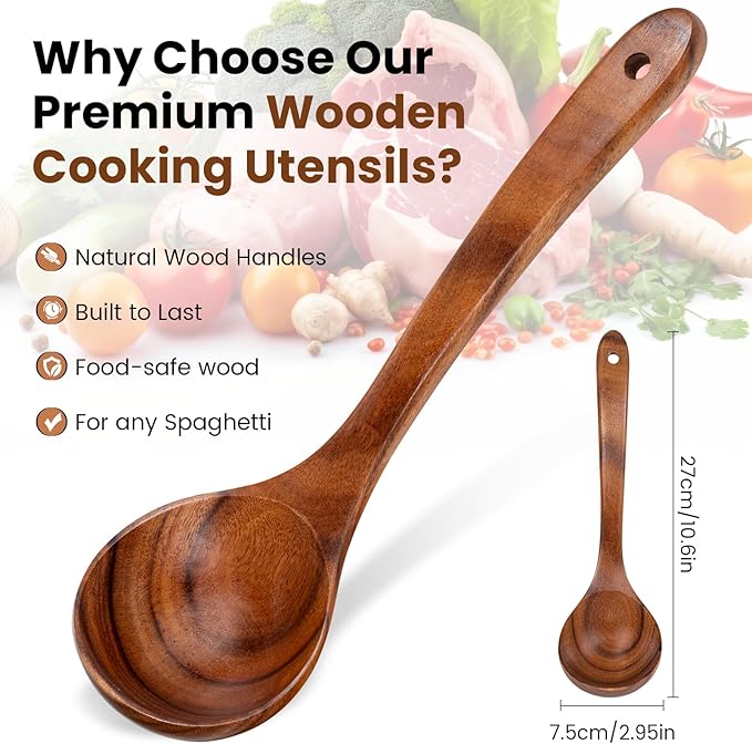 Wooden Spoons for Cooking,Natural Teak Wooden Ladle for Soup, Wood Ladle Spoon for Pot & Bowl, Non-Stick Wooden Spoon for for Cooking, Soup, Sauce