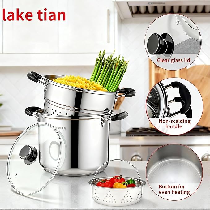 Stainless Steel Pasta Pot With Strainer Insert 4pc 10 Quart, Steamer for cooking, Spaghetti Pot, Stock & Pasta Pots Multipots, Steamer Set With Basket With Lid, Induction Compatible