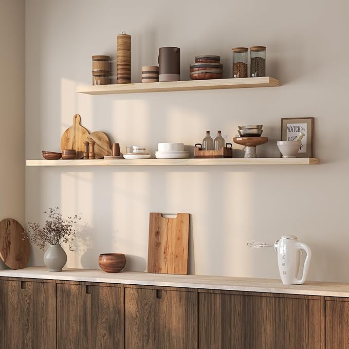 Fun Memories Floating Shelves 72 Inches Long - 8 Inch Deep Rustic Solid Pine Wood for Storage - Farmhouse Wall Mounted for Living Room - Heavy-Duty Metal Bracket - 72" W x 8" D - Natural Unfinished