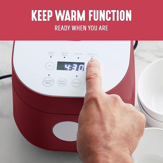 GreenLife Digital Rice Cooker, 2-Cups Uncooked/4-Cups Cooked, Removable Nonstick Ceramic PFAS-Free Pot, One-Touch Presets, Oats, Quinoa, Brown Rice, Auto Keep Warm, Fuzzy Logic Tech, 1.5QT, Red
