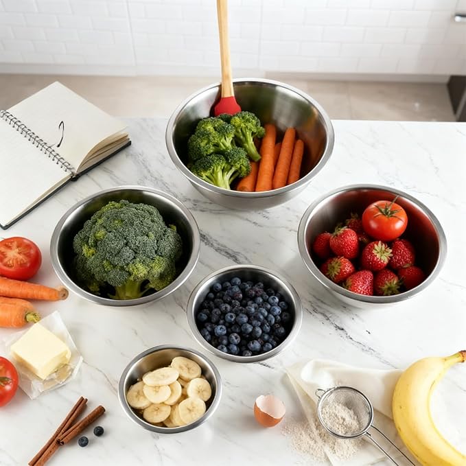 Stainless Steel Mixing Bowls Set of 5, Heavy Duty Stackable Nesting Bowls, Metal Mixing Bowls For Cooking, Prepping, Salad, Serving, Space Saving Kitchen Essentials, No Lids