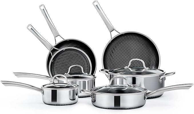 VINGLI 11 Pcs Non-Stick Cookware Set, Stainless Steel Pots and Pans Set with Lids, Non-Toxic Saute Sauce Pot, Soup Pot, Frying Pan, PFOA & PTFE Free, Compatible for All Cooktops (11 Nonstick Set)