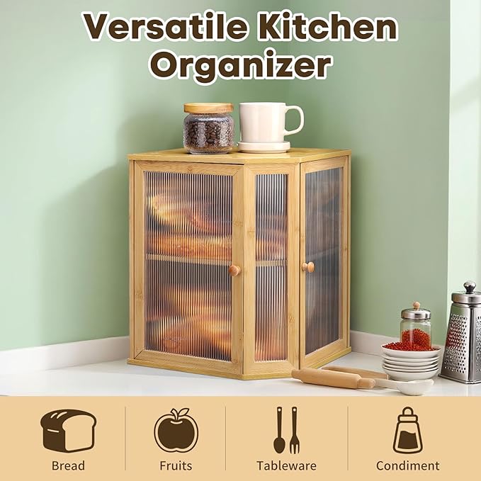Corner Bread Box for Kitchen Countertop - Bamboo Large Capacity Bread Storage Bin with Acrylic Wavy Door Panel,Double Door Bread Organizers (Natural)