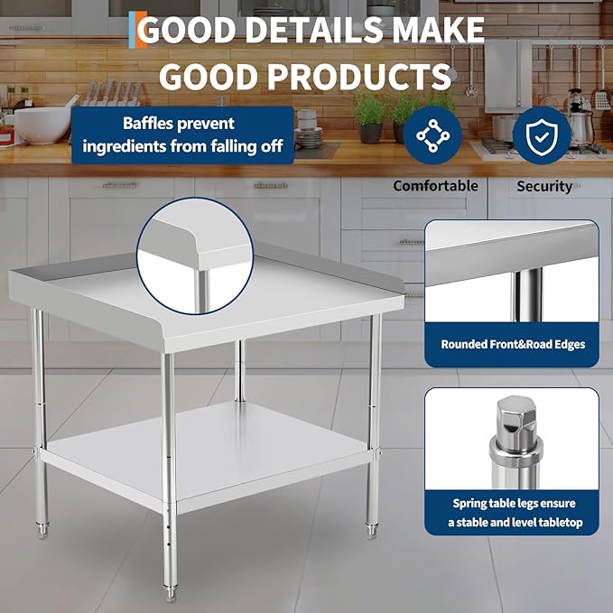 36x24x30 in Stainless Steel Equipment Grill Stand Table 400 LBS Capacity NSF Certified with Adjustable Legs, 2 in Edge Baffle, for Hotel, Home, Commercial Restaurant Kitchen