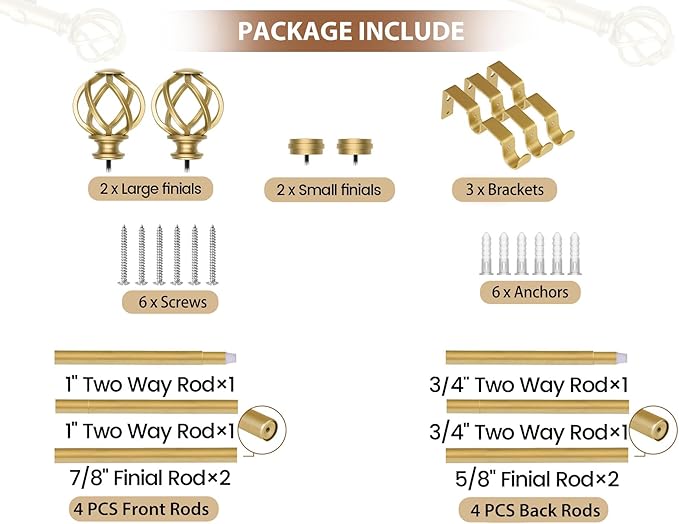 KAMANINA 1 Inch Double Curtain Rods 66 to 120 Inches (5.5-10 Feet) Telescoping Heavy Duty Drapery Rods for Windows 54 to 115 with Twisted Cage End, Warm Gold