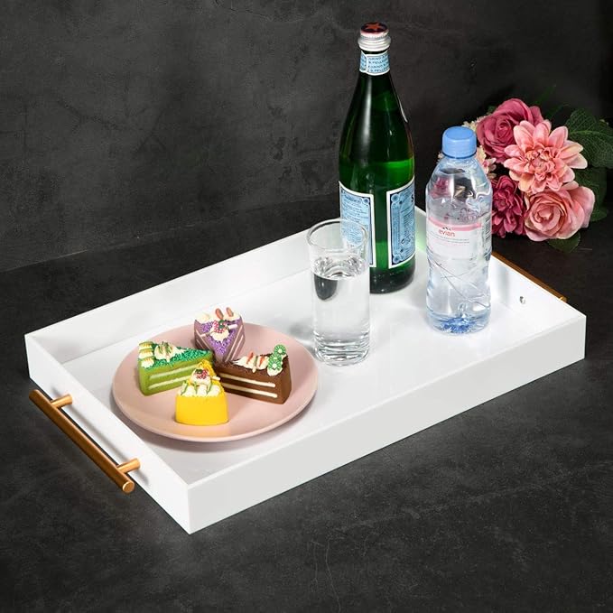 Glossy White Acrylic Tray with Metal Handle,No Need to Assemble-Acrylic Tray for Ottoman,Coffee Table, Breakfast, Tea, Food, Butler - Decorative Tray (12x18 Inch, White)