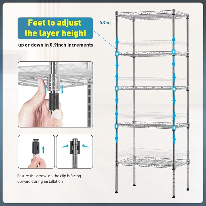 5-Shelf Storage Shelves Metal Shelving Unit NSF Garage Storage Rack Adjustable Wire Shelves Organizer for Kitchen Closet Basement, 750 Lbs Capacity, 16.7" L × 11.8" W × 47.6" H, Sliver