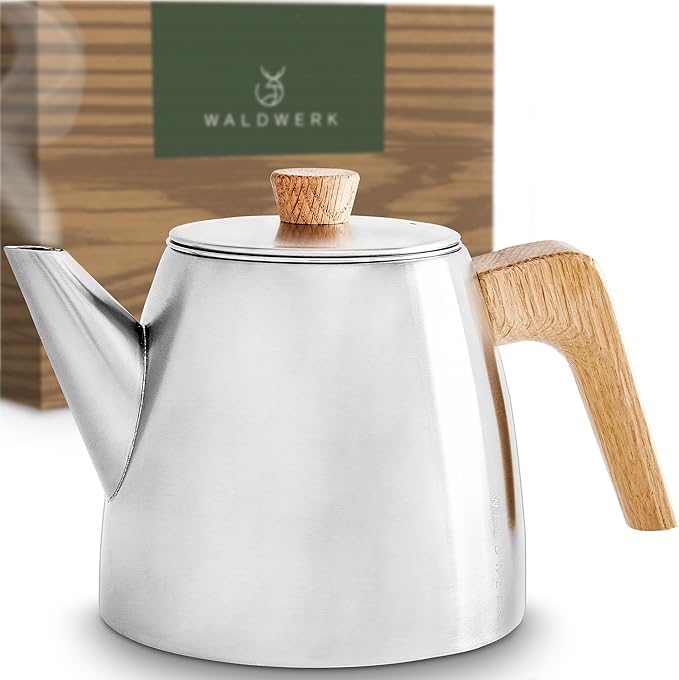 WALDWERK Tea Pot with Infuser - Double Wall Stainless Steel Teapot - Tea Pot with Infuser for Loose Tea - Made from 304 Stainless Steel and Oak Wood - Isolated Teapot with Strainer - 100% Drip Free